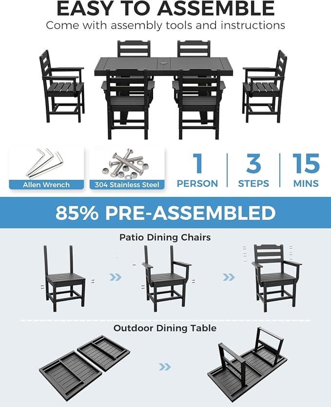 K Knowbody 7-Piece Outdoor Patio Dining Table and Chairs Set, Seats 6 | Steel-Reinforced HDPE, 100 lb/sq ft Load Capacity, 2-Inch Umbrella-Ready Tables, All-Weather, Fade-Resistant, Charcoal Black
