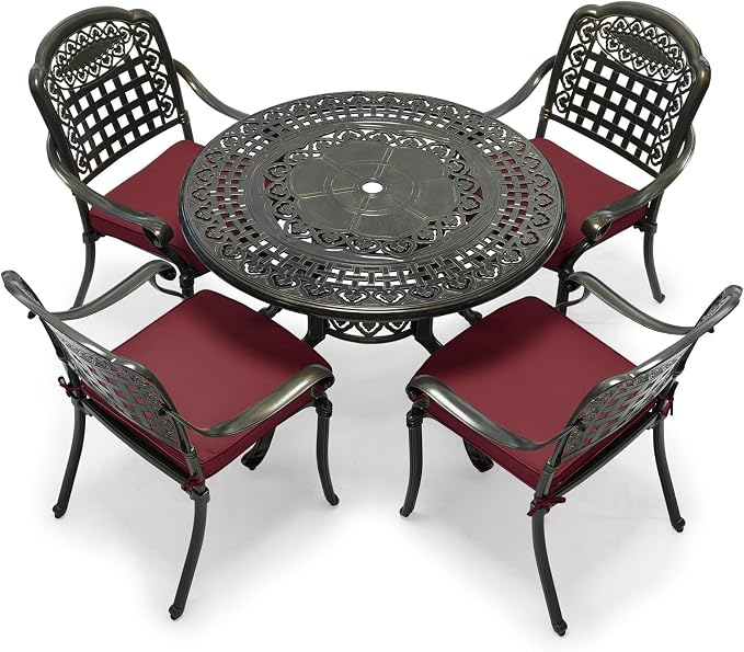 VIVIJASON 5-Piece Patio Furniture Dining Set, All-Weather Cast Aluminum Outdoor Conversation Set, Include 4 Cushioned Chairs and 1 Round Table w/Umbrella Hole for Balcony, Lawn, Backyard, Red Cushion