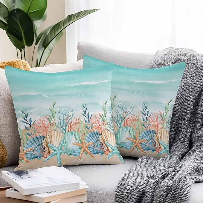 Throw Pillow Covers 24x24 Inch Set of 2, Coastal Beach Waterproof Outdoor Pillow Covers, Ocean Wave Summer Sea Starfish Coral Teal Beige Decorative Cushion Pillowcases for Couch, Sofa, Bed, Patio