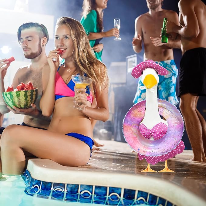 Porch Goose Summer Outfit, Purple, 23'' Lawn Statue | Bikini Hawaiian Outfit, Hat & Sunglasses Included, Swimming Ring Included, For Cement or Plastic Goose