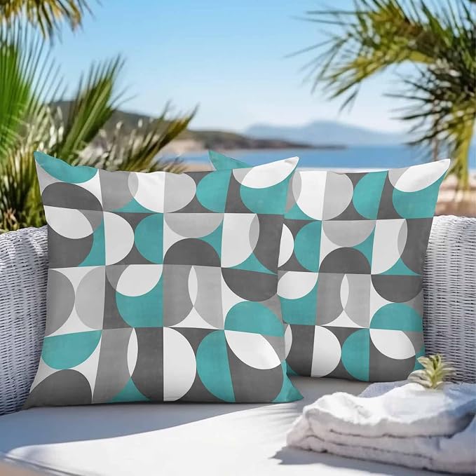 Vandarllin Outdoor Throw Pillows Covers 24x24 inch Set of 2 Waterproof Mid Century Geometric Decorative Zippered Cushion Covers for Patio Furniture, Abstract Modern Teal Lumbar Pillowcases