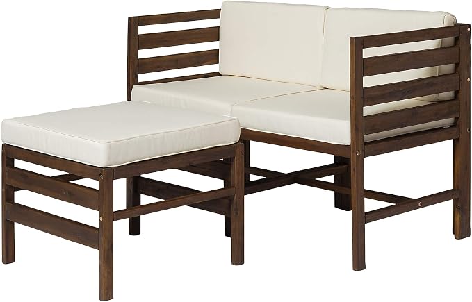 Walker Edison Ravello Contemporary 3 Piece Acacia Wood Outdoor Modular Chat Set with Cushions, Set of 3, Dark Brown