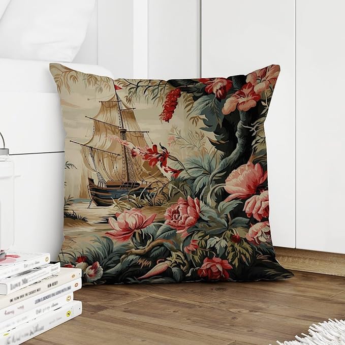 Moore Manor Antique Chinoiserie Cushion Cases Vintage Boats and Flowers Pillow Covers 16x16 INClassic Accent Outdoor Garden Decoration for Patio Couch Bench