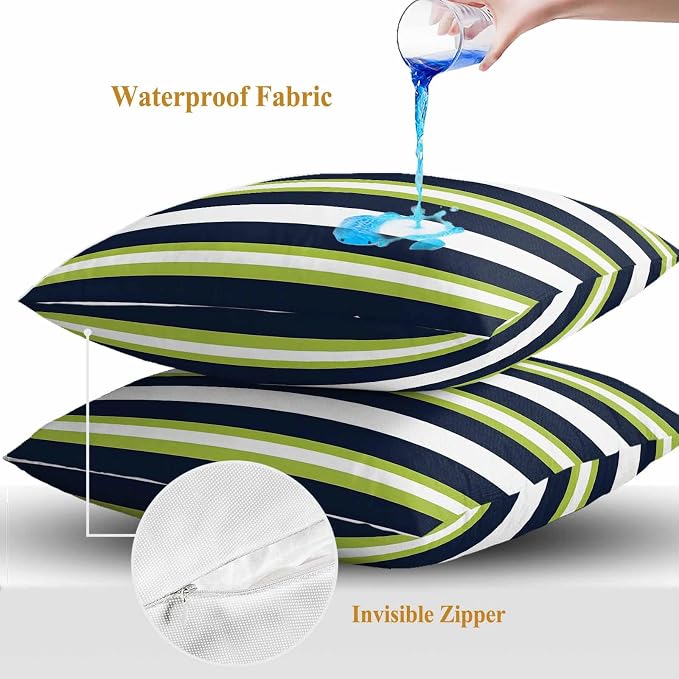 Green and Outdoor Waterproof Throw Pillow Covers Set of 2, 18"x18", Dark Blue Stripes Minimalist Abstract Striped Decorative Pillow Covers Outside Cushion Case for Patio Porch Garden