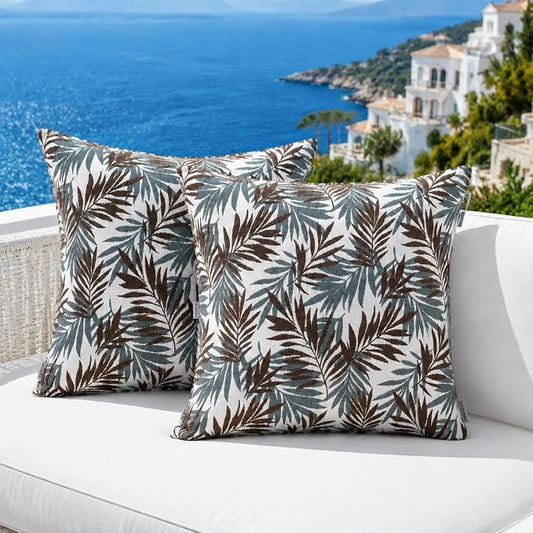 Outdoor Pillow Covers Waterproof Throw Pillow Covers, Set of 2 Jacquard Texture Water Resistant Fade Resistant Decorative Cushion Covers for Garden Patio Bench Couch Sofa, 18x18 Inch (Brown Palm)