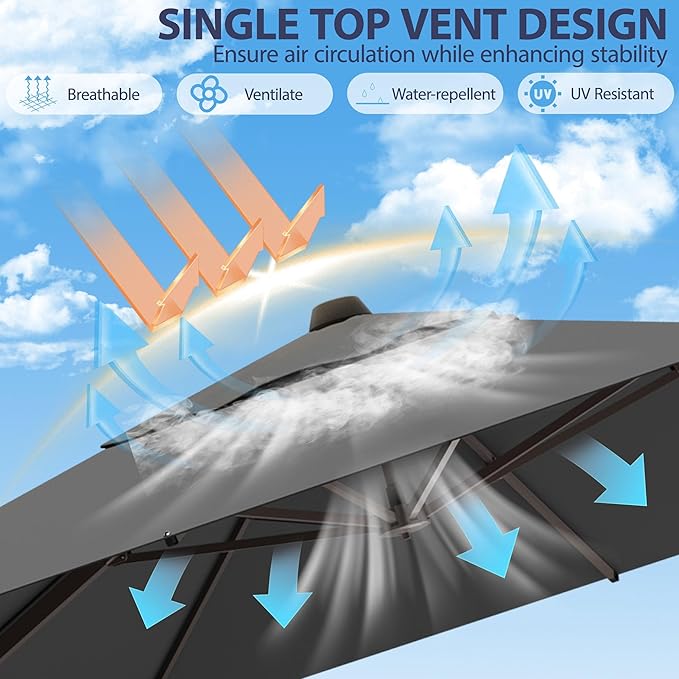 9' X 12' Cantilever Patio Umbrella Rectangle Outdoor Umbrella with Base Included, 6-Level Tilt & 360° Rotation Offset Umbrella for Garden, Deck, Pool (Grey)