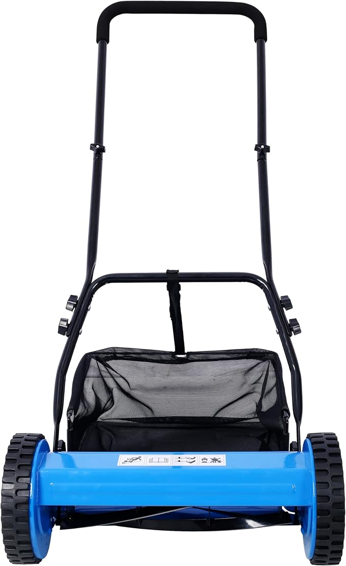 KEIKI 14-Inch Manual Lawn Mower, Push Reel Mowers w/Grass Catcher & Adjustable Cutting Height, 2-Wheels Small Lawnmower with 5 Steel Blades for Graden, Spaces Saving & Easy Assembly, Blue