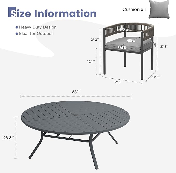VICLLAX Patio Dining Set, 63.1" Dark Grey Table & 6 Chairs with Grey Cushion