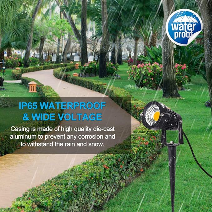 Landscape Outdoor,IP65 Waterproof Garden Spotlights,5W AC 120V Yard Flood Light,Metal Ground Stake Lawn,3200K LED Spotlight with 1.5M UL-Listed Cord and 3-Plug (2 Packs)