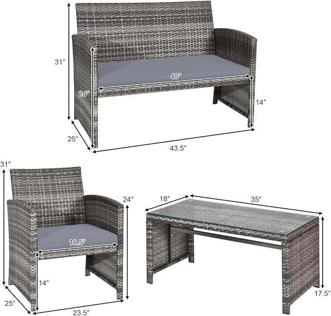 Outdoor Conversation Set, 4 Pieces Wicker Patio Furniture Set with Ergonomic Curved Design, Patio Chair Set with Water-Resistant Cushion & Tempered Glass Table for Balcony, Porch(Gray)