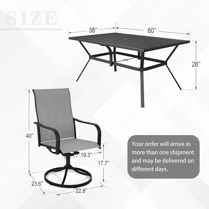 Anmutig 7-Piece Outdoor Patio Dining Set with 6 Swivel Chairs, Outdoor Furniture 6 Dining Swivel Chairs and Steel Frame Slat Rectangular Table with 1.57" Umbrella Hole for Backyard, Grey