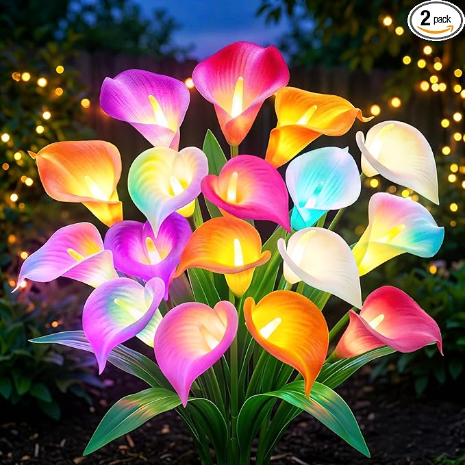 KOOPER Solar Lights Outdoor Decorative, Color Changing Solar Garden Lights With 10 Calla Lily Flower Lights, Solar Flowers Outdoor Waterproof IP65 For Yard Lawn Garden Decor, Gift For Women Mom 2 Pack