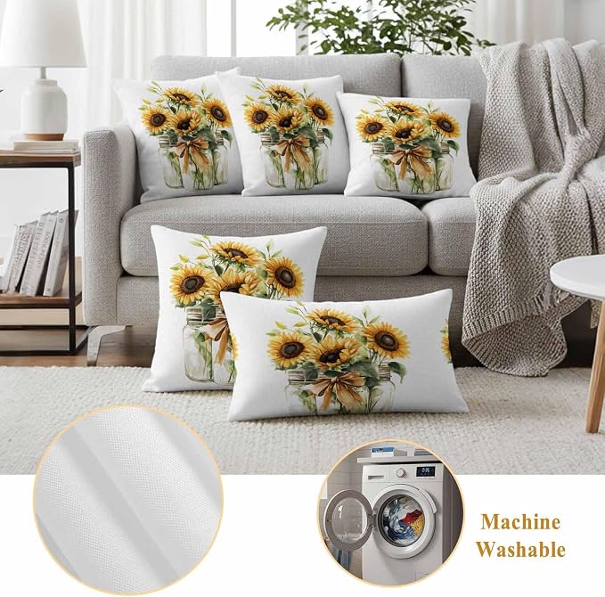 Sunflower Outdoor Waterproof Throw Pillow Covers Set of 2, 18"x18", Summer Watercolor Flower Bottle Retro Farm Decorative Pillow Covers Outside Cushion Case for Patio Porch Garden