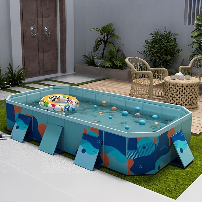 Foldable Swimming Pool, Rectangular Above Ground Swimming Pool for Outdoor Family Square Pool with Drain Plug and Drain Hole, Easy to Assemble Pool for Kids, Pets and Dogs(116" L x 65" W)