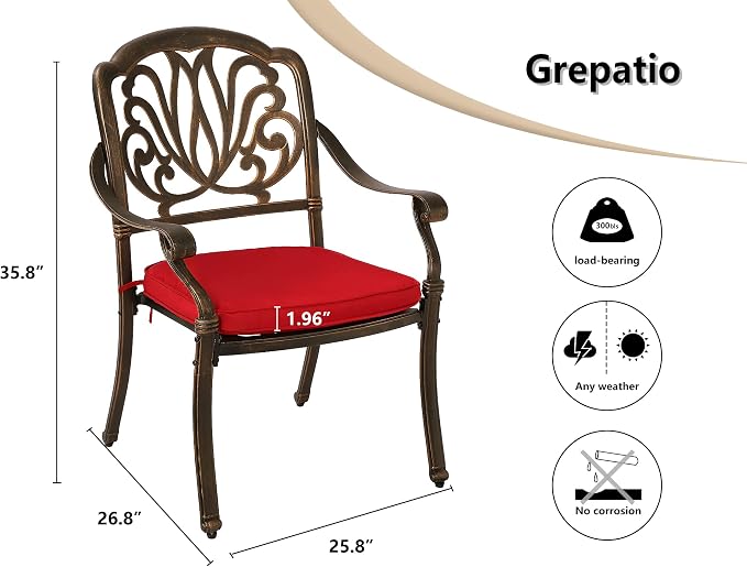 Grepatio 2 Piece Outdoor Cast Aluminum Dining Chairs, Patio Bistro Chair Set of 2, Modern Patterned Back Metal Chairs with Cushion, Antique Bronze (Red)