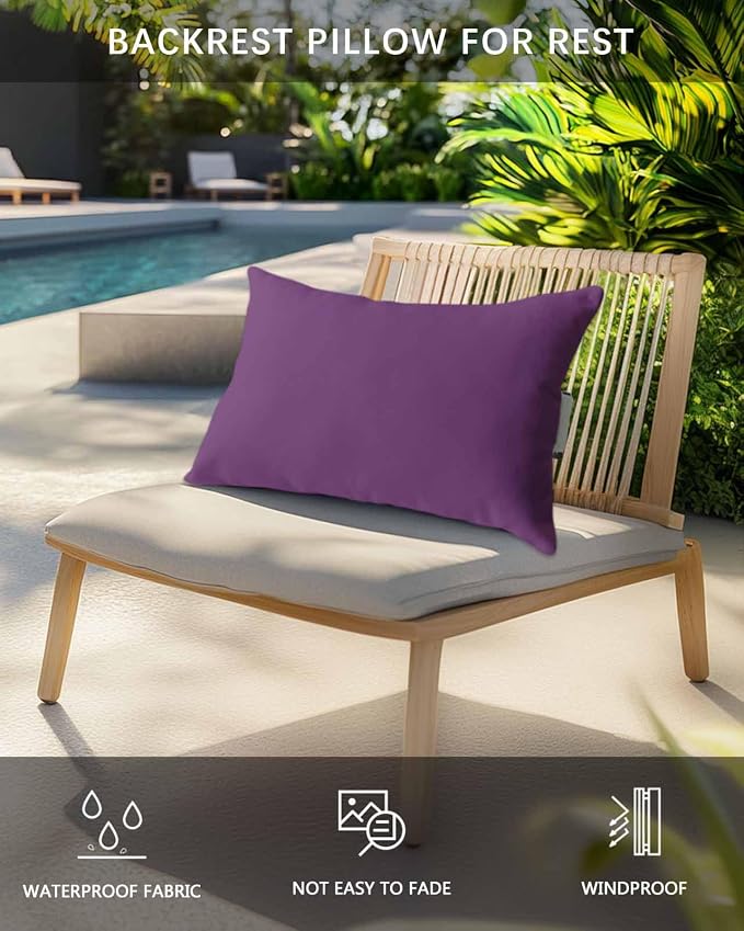 Chaise Lounge Chair Pillow with Strap & Insert Purple Outdoor Recliner Head Pillow Pack of 2 Solid Purple Color Waterproof Headrest Patio Lumbar Pillow for Beach Pool Office Chair 11x16 Inch