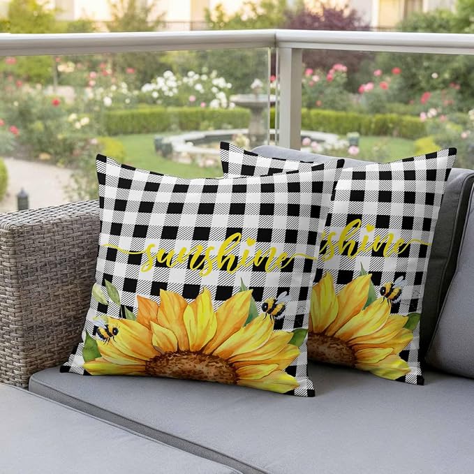 Farm Outdoor Throw Pillow Cover Watercolor Sunflowers Honeybee Waterproof Cushion Covers 2 Pack Yellow Flower Black White Plaid Pillow Cases Home Decoration for Patio Garden Couch Sofa 16x16In