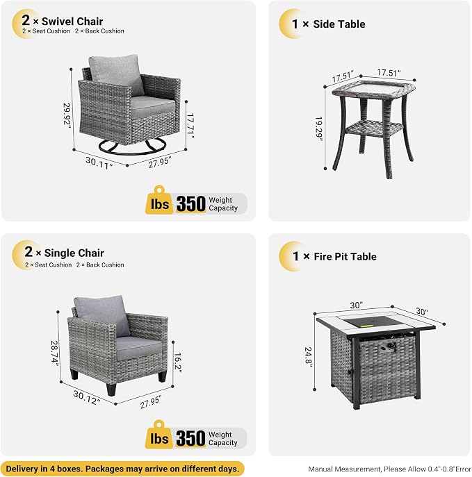 ovios 6 Pieces Patio Furniture Set, Outdoor Wicker Rattan Swivel Chairs with 30" Fire Pit Table, High Back Rocking Glider Chair Conversation Sets for Porch Deck, Dark Grey