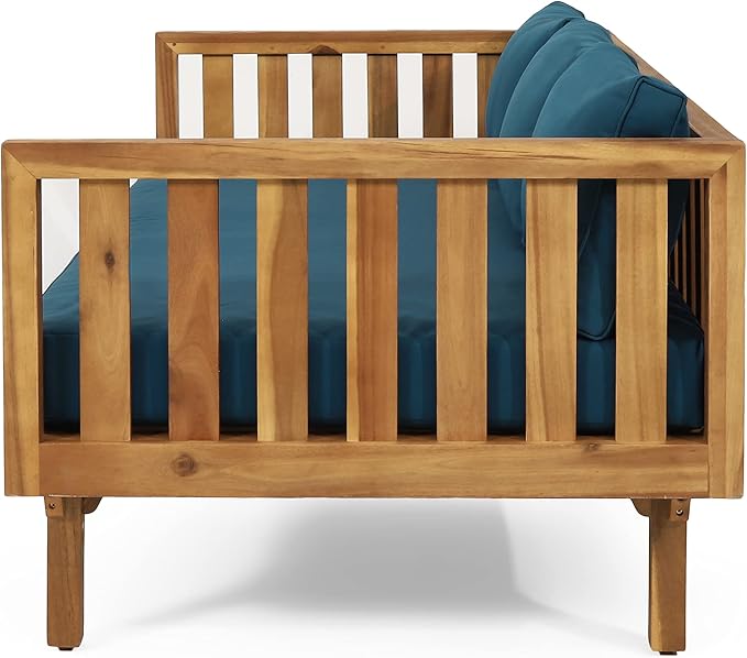 Christopher Knight Home Charm Patio Conversation Set, 3 Seater Acacia Wood Sofa, Spacious Seating Daybed, Wood Coffee Table, Round Side Table, Outdoor Furniture for Backyard Garden Rest, Dark Teal