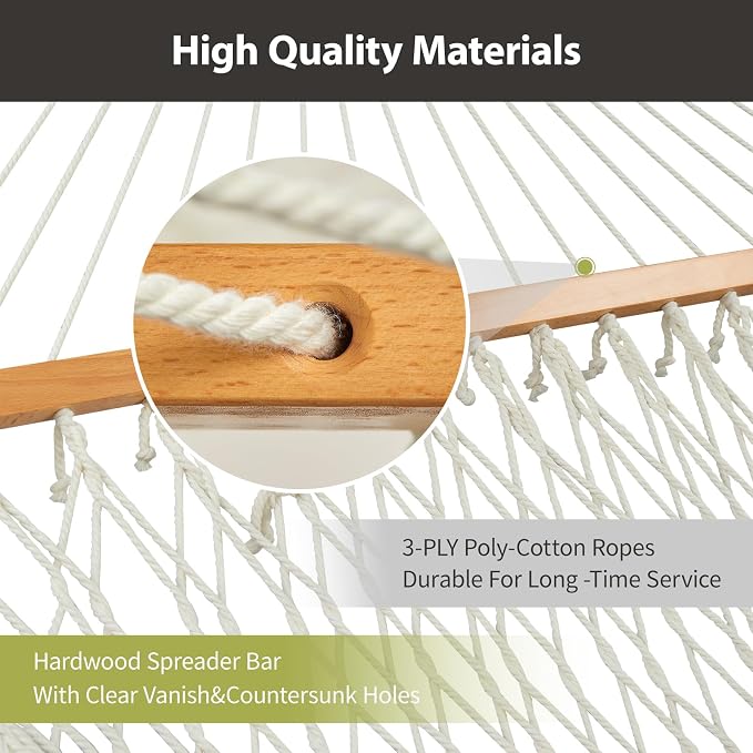 CHULIM Outdoor Double Hammock with Hardwood Spreader Bars, Large Rope Hammock with Polyester Pad and Pillow, 475 LBS Capacity for 2 Person Patio Backyard Poolside - Green