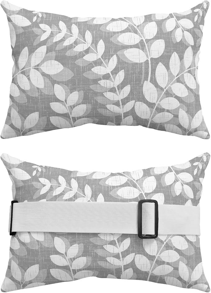 Outdoor Lumbar Pillow Set of 2, Gray Leaves Waterproof Beach Headrest Pillow with Inserts, Farmhouse Botanical Leaf Branch Vintage Modern Recliner Throw Pillows for Patio Furniture, 12 x 20