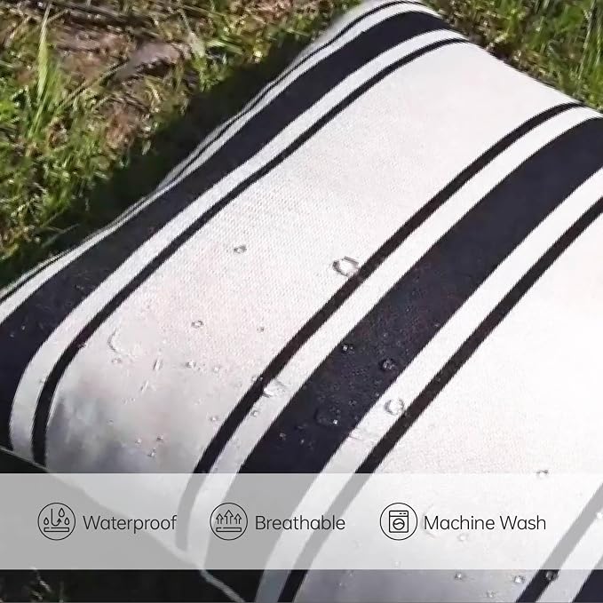 Outdoor Pillow Cover 20×20 Inch Set of 2 Waterprooof Black and Beige Striped Square Throw Pillowcases Outside Bench Decorations for Patio Furniture Porch Sofa Car