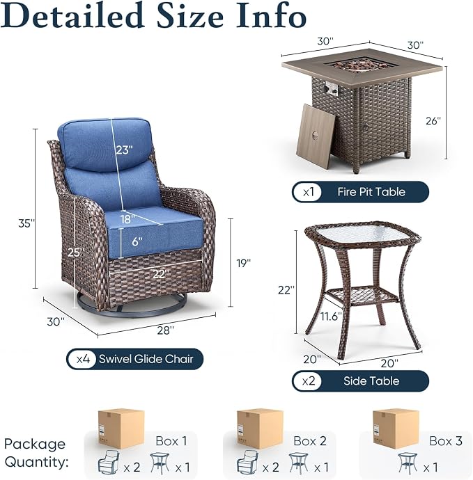 Belord Luxury 6" Thick Cushioned Outdoor Swivel Rocker Chairs Set of 4 with Fire Pit Table, High Back Wicker Patio Furniture Set with Ergonomic Zone Back, Conversation Set for Deck Porch - Brown+Blue