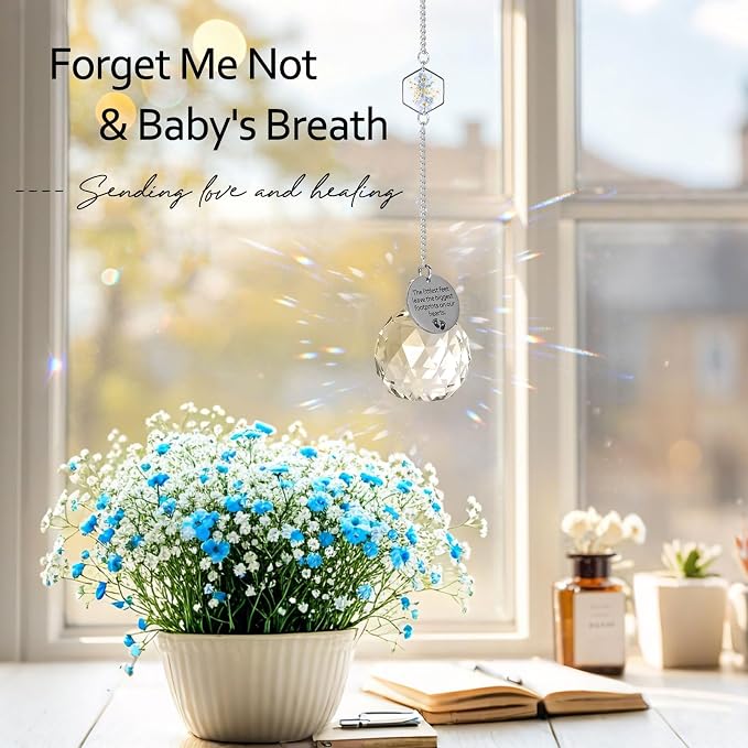 Miscarriage Memorial Suncatcher Gifts for Mothers Dad, Handmade Forget Me Not Baby's Breath Pressed Flower Miscarriage Ornament, Bereavement Remembrance Gift for Loss of Baby (Blue White)