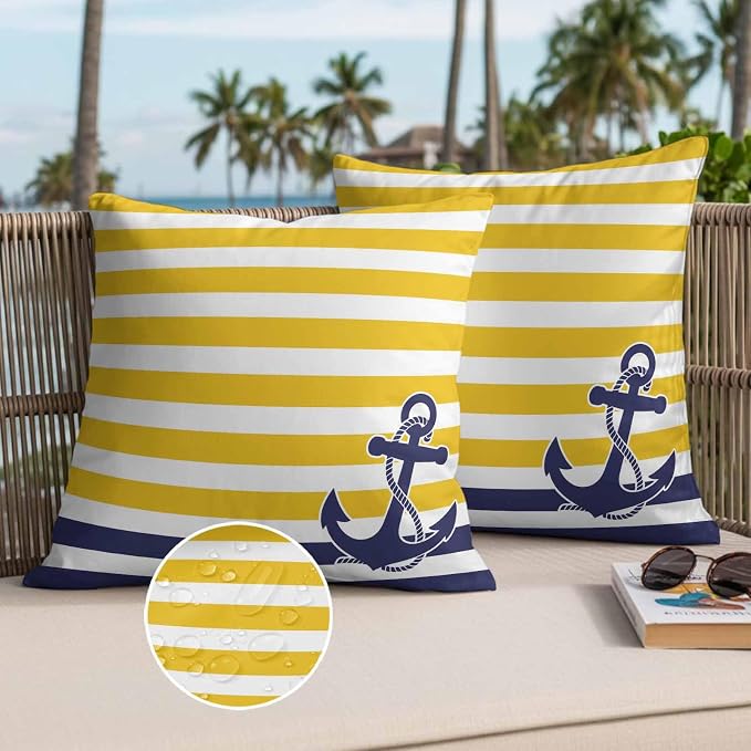 Throw Pillow Covers 16x16 Inch Set of 2, Yellow Striped Waterproof Outdoor Cushion Covers, Navy Blue Nautical Anchor Geometric Decorative Pillowcases for Couch, Sofa, Bed, Garden, Patio