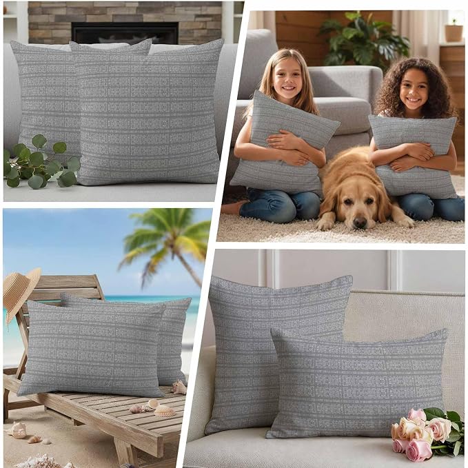 Outdoor Waterproof Throw Pillow Covers Set of 2 Stripes Grain Pillowcases 16x16 Inches Grey Solid Color Decorative Pillows Cushion Case Patio Pillows for Couch Bed Chair Garden