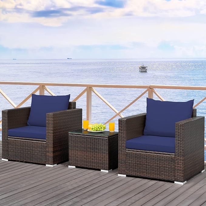 HAPPYGRILL 3-Piece Patio Furniture Set PE Rattan Wicker Sofa Set with Cushions and Coffee Table Outdoor Patio Conversation Set for Garden Poolside Balcony