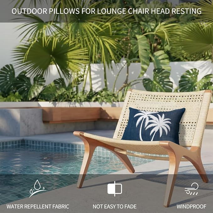 Navy Blue Palm Trees Outdoor Pillows for Chaise Lounge Chair Waterproof Lumbar Pillows with Insert&Adjustable Strap Beach Headrest Pillow Summer Coastal Tropical Botanical Recliner Pool Pillow 11"x16"
