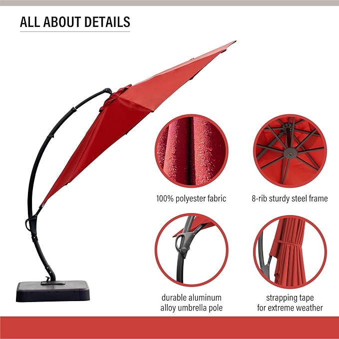 EO Living Outdoor Patio Umbrella with Base included, 11 FT Deluxe Curvy Cantilever Umbrella Heavy Duty Offset Hanging Umbrella with 360° Rotation for Pool, Garden, Backyard, Deck (Red)