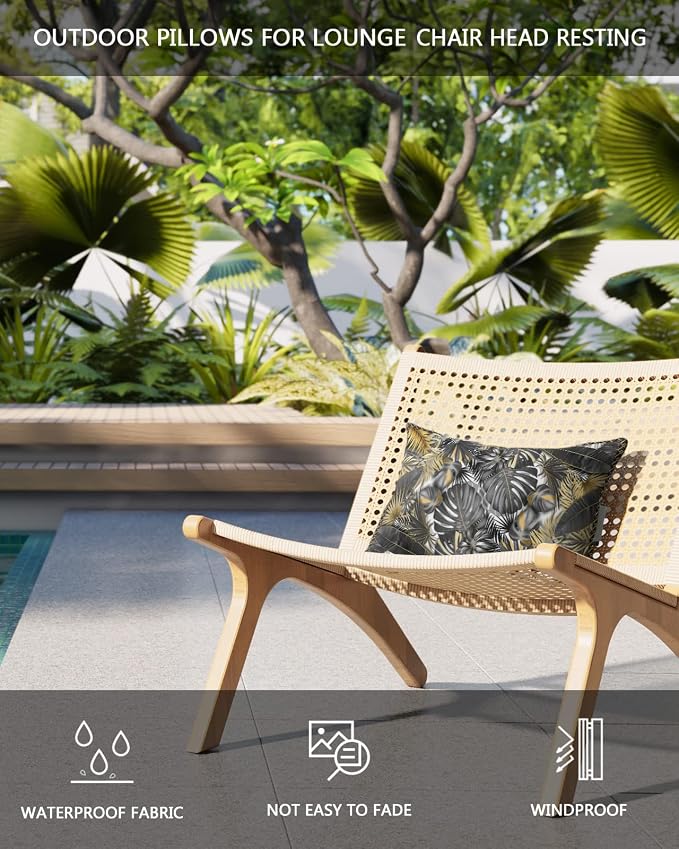 Outdoor Pillows Covers with Inserts Luxury Gray Golden Palm Leaves Tropical Plant Waterproof Recliner Pillow with Adjustable Strap Throw Pillows for Patio Furniture Pool Lounge Chair, 12x20 inch, 1PCS