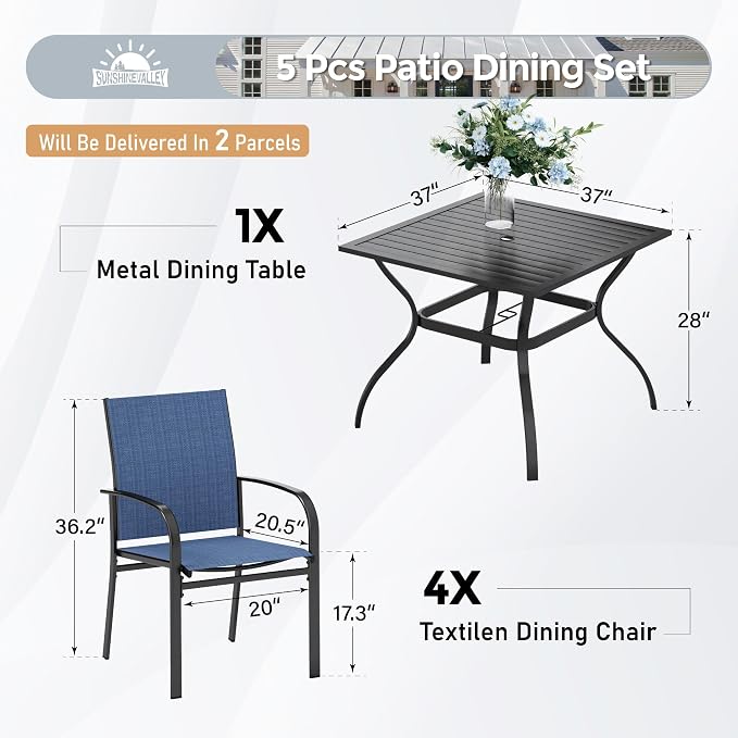 SUNSHINE VALLEY Patio Dining Set for 4, 37”Square Table with Umbrella Hole, 4 Metal Blue Chairs, Outdoor Table and Chairs for Lawn Backyard and Deck