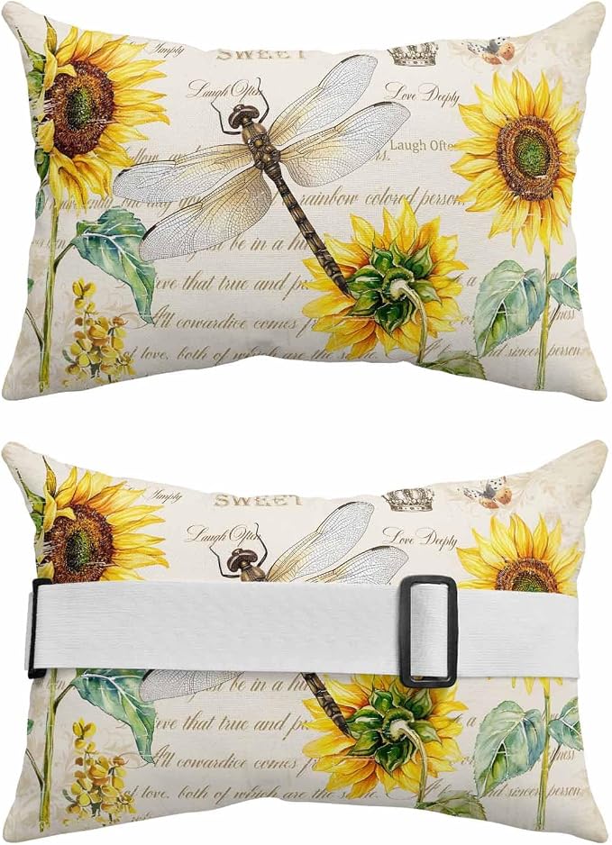 Outdoor Lumbar Pillow Set of 1, Dragonfly Sunflowers Waterproof Beach Headrest Pillow with Inserts, Vintage Botanical Yellow Floral Beige Recliner Throw Pillows for Patio Furniture, 12 x 20