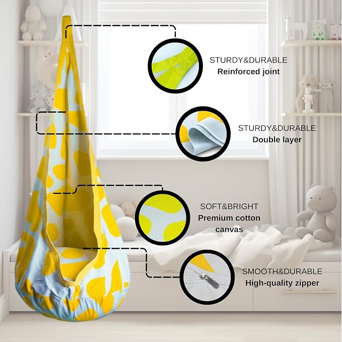 Calming Sensory Swing - Indoor Sensory Hammock for Kids & Adults, Supports up to 170 lb (77 kg), Double-Layer Canvas Fabric, Hanging Hardware Included, White-Yellow