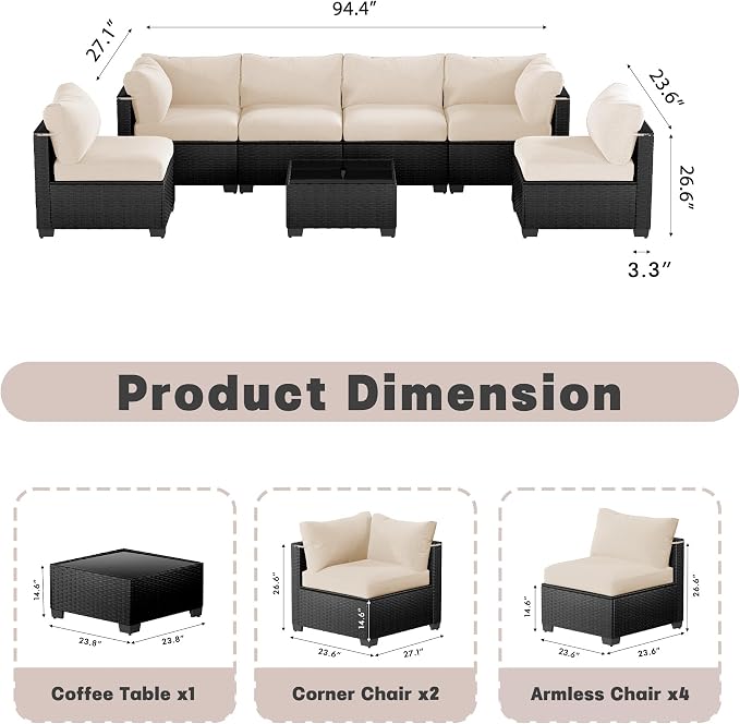Patio Furniture Set, 7-Piece Outdoor Sectional Couch with Coffee Table & Thick Cushions, Outdoor Wicker Conversation Set for Backyard, Poolside, Garden (Black-White, 7 Piece-Single)