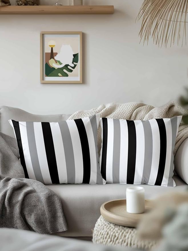 Outdoor Pillows Waterproof, Black Gray Striped Bedding Throw Pillows with Insert for Couch Sofa Bed, Farmhouse Stripe Art 16x16 Inch Pillowcases Decorative Camping Patio Pillow Set of 2