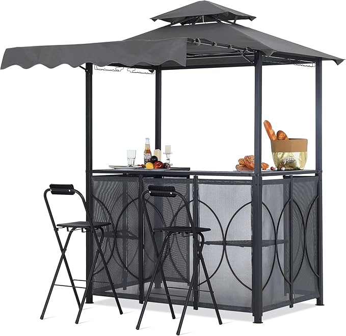 ABCCANOPY Grill Gazebo with Extra Awning - 6.4'x6.8' Outdoor BBQ Canopy with Bar Table and 2 Foldable Chairs, Barbecue with LED Lights for Backyard, Lawn and Patio (Dark Gray)