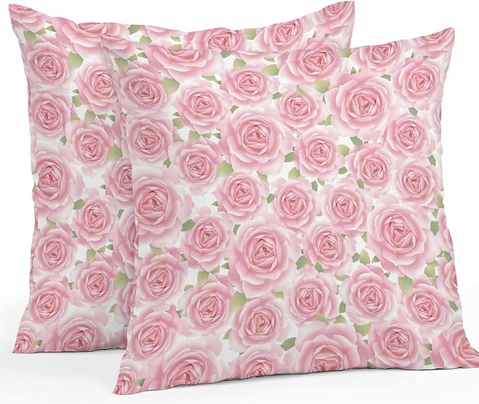 Vandarllin Outdoor Throw Pillows Covers 16x16 inch Set of 2 Waterproof Pink Rose Floral Decorative Zippered Cushion Covers for Patio Furniture, Flowers Leaves Plants Lumbar Pillowcases