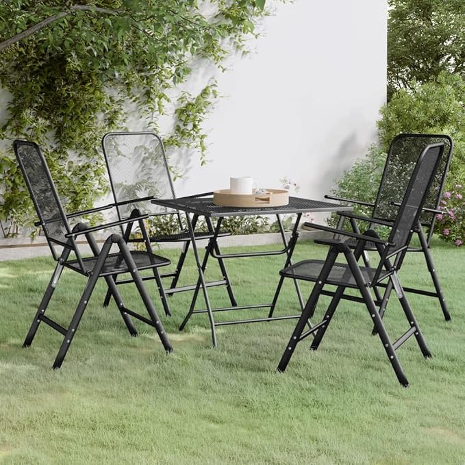 5 Piece Patio Dining Set Expanded Metal Mesh Anthracite | E-Coating Weather-Proof, 7 Position Adjustable Backrest, Foldable Design for Space Saving