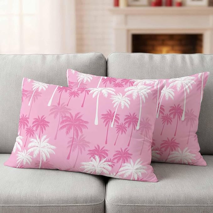 Lumbar Pillow Covers 20x12 Inch Set of 2, Tropical Palm Tree Waterproof Outdoor Pillow Covers, Magenta Pink Plants Coastal Leaf Beach Decorative Cushion Pillowcases for Couch, Sofa, Bed, Garden, Patio