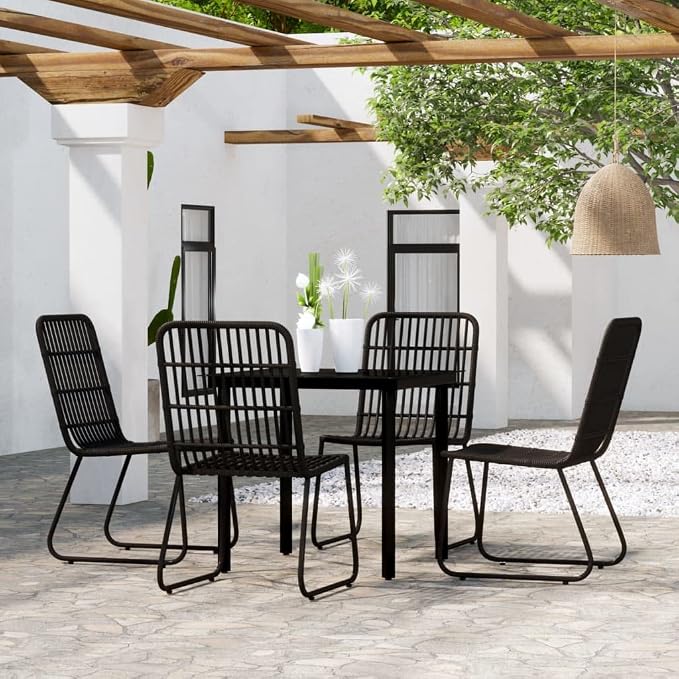 5 Piece Garden Dining Set with Black PE Rattan and Glass Top, Modern Outdoor Patio Dining Table and 4 Chairs, Compact 31.5 x 31.5 x 29.1 in. Table for Small Spaces