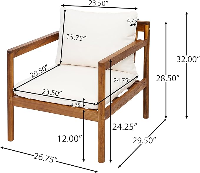 Christopher Knight Home Vorms 4-Piece Acacia Wood Patio Furniture Set with Rope Backrest, Patio Conversation Chat Set for Backyard Balcony, Outdoor 4-Seater Seating Group with Coffee Table, Teak+Cream