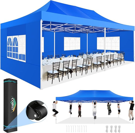 COBIZI 13x26 Pop up Canopy Heavy Duty with 6 Sidewalls, Easy Set-up Commercial Outdoor Party, 100% Waterproof Wedding Canopy Gazebo, 2 Height Adjustable with Wheeled Bag, Blue