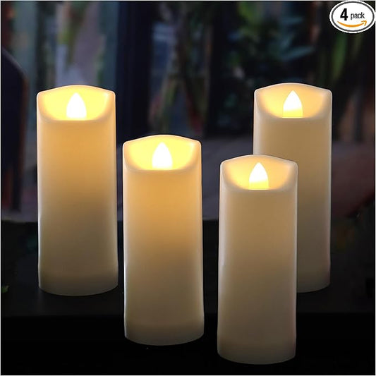 QIDEA 2”X5” Outdoor Waterproof Flameless Candles with Timer, Battery Operated Flickering Led Pillar Candles, Electric Plastic Fake Candles for Home Garden Wedding Halloween Xmas Decorations 4 Pack