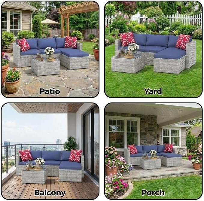 5-Piece Outdoor Sectional Sofa Set, Outdoor Patio Set Sectional Sofa, All-Weather PE Rattan Patio Furniture with Ottoman & Tempered Glass Table for Garden, Backyard, Porch, Poolside (Brown/Blue)