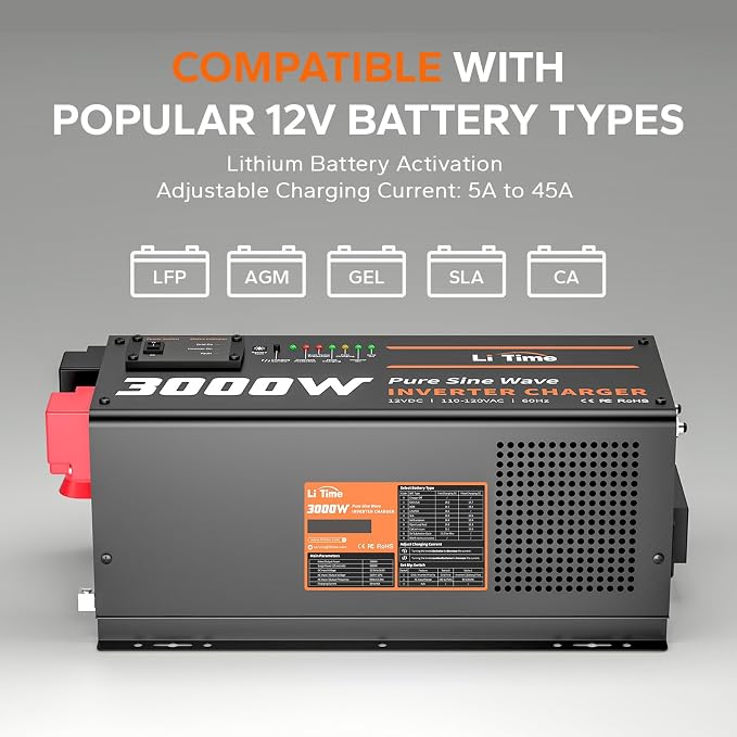 LiTime 3000W Pure Sine Wave Inverter Charger, 12V DC to 120V AC Solar Controller, 9000W Peak Power, UPS Function, 5A - 45A Adjustable Current, LCD Remote Control, for RV, Home Backup, Truck, Boat