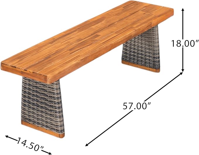Merax 3-Piece Outdoor Dining Set Acacia Wood, 1 Table + 2 Benches, Slatted Design Tabletop & Woven Rattan Legs, Weather-Resistant Rectangle Patio Dining Set, Grey